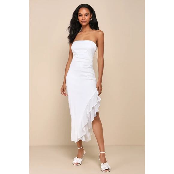 Lulus “Graceful Perfection” White Satin Ruffled Strapless Midi Dress – Large NWT - Picture 1 of 7